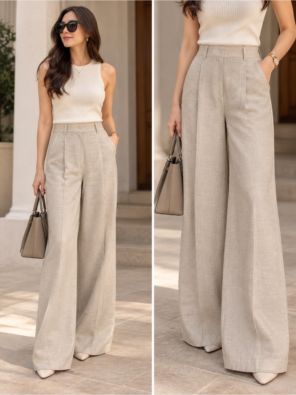 COS Linen-Blend Wide-Leg Tailored Trousers – Beige – US 4